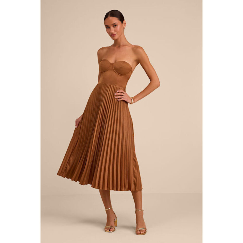 Lulus Irelyn Light Brown Satin Bustier Midi Dress - Size S